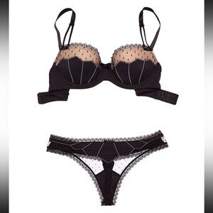 Adore me Rylie push-up balconette bra and panty set NWT black and tan 34B / Lrg